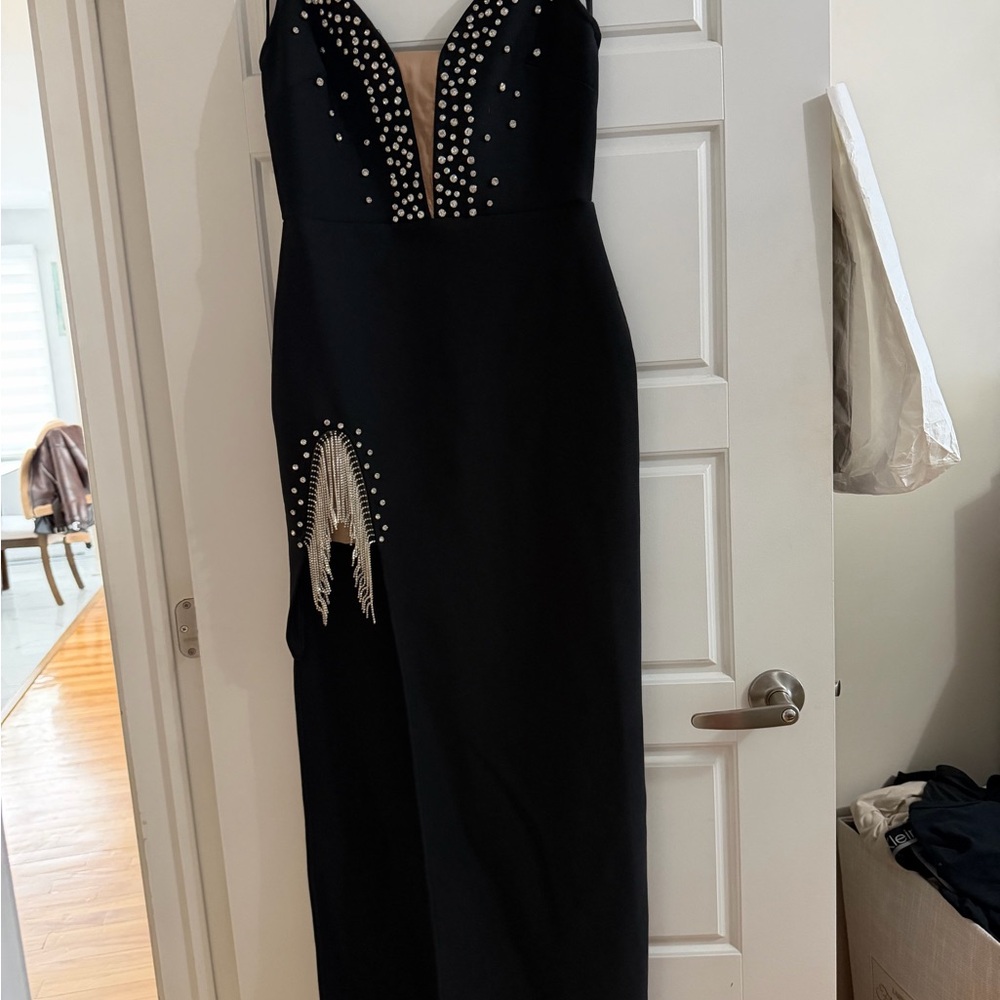 Black Maxi Evening Dress with Silver Fringe Embellishment